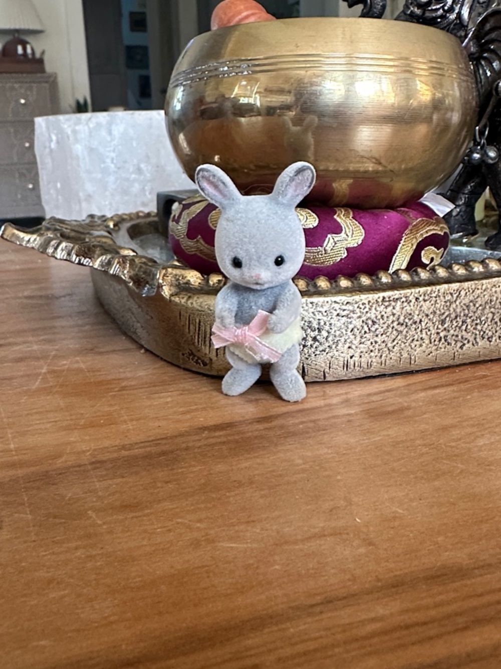 Grey Plush Bunny Figurine calico critters mild wear yellow diaper bow